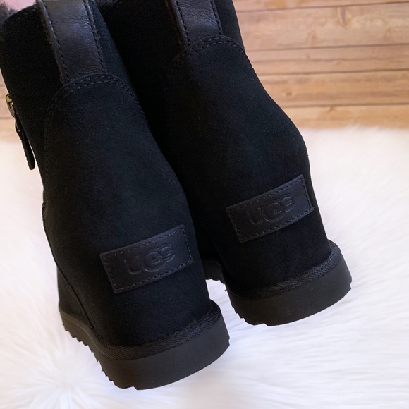 UGG Women’s Classic Femme Zip Mini Black Wedge Boots - Picture 3 of 9